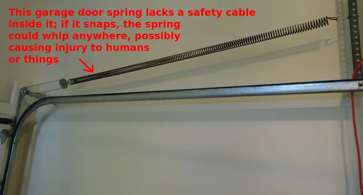 A garage door torsion spring running along the top of the door, with a note that it lacks a safety cable.