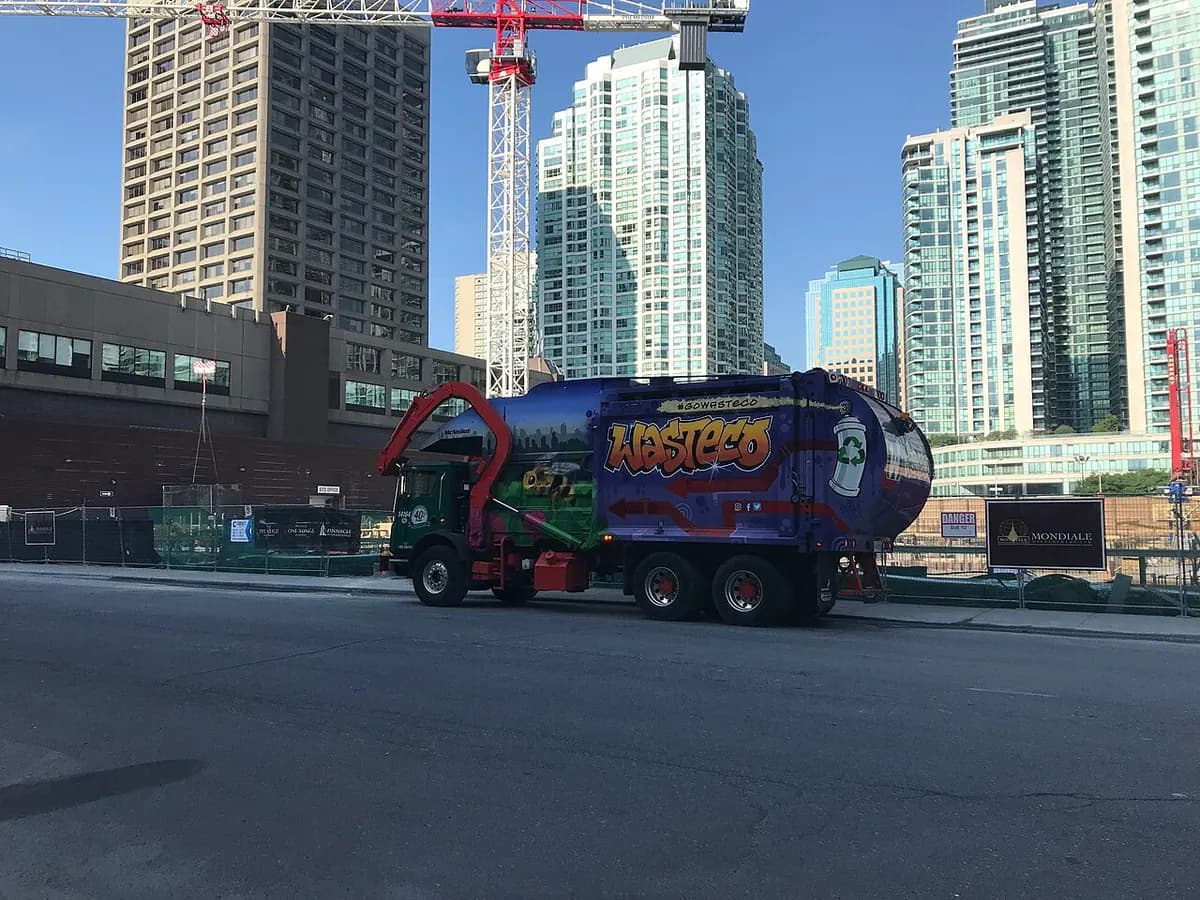 A garbage truck with painted artwork and a rear loader on a city street.