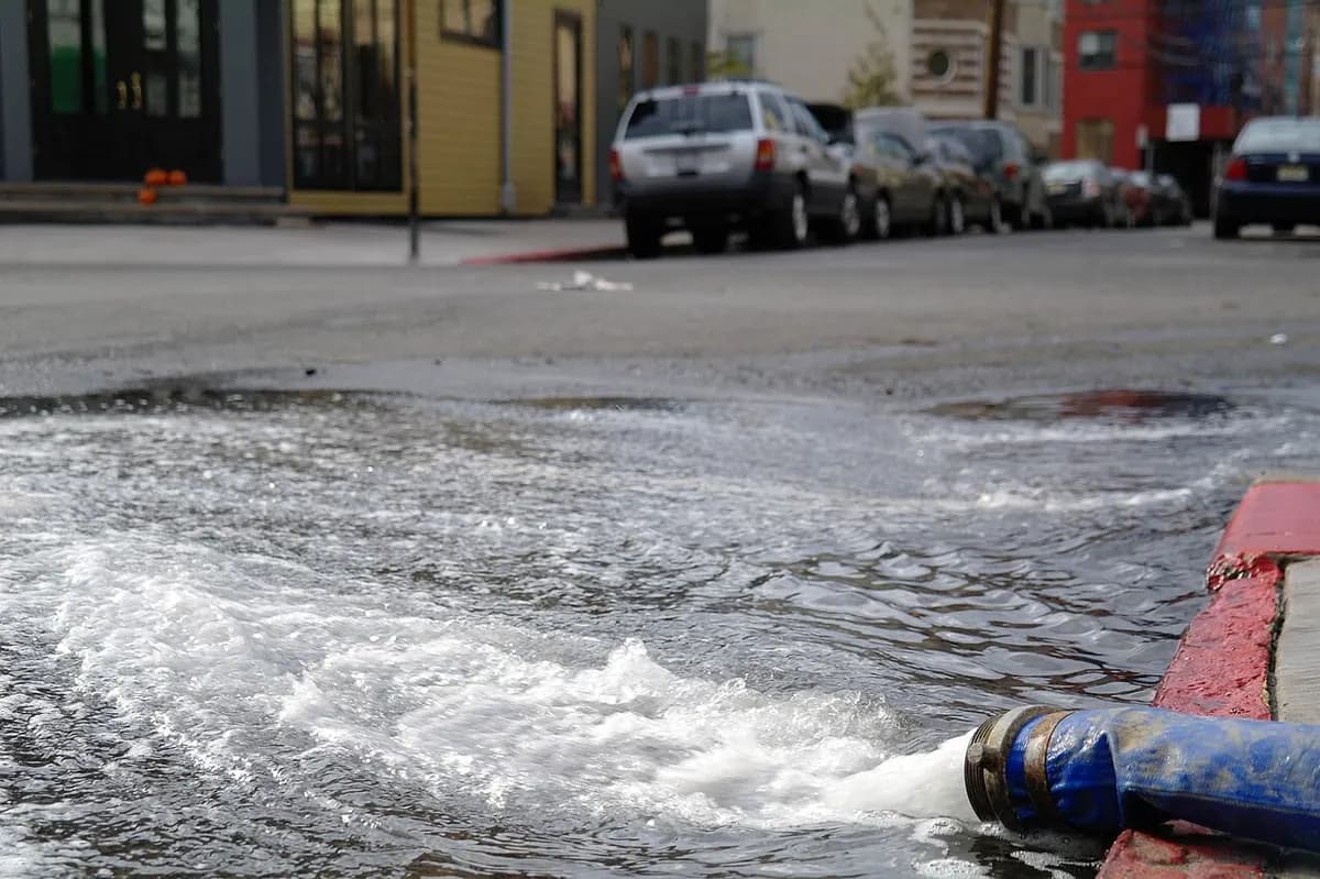 A pump hose discharging a stream of water onto a city street.