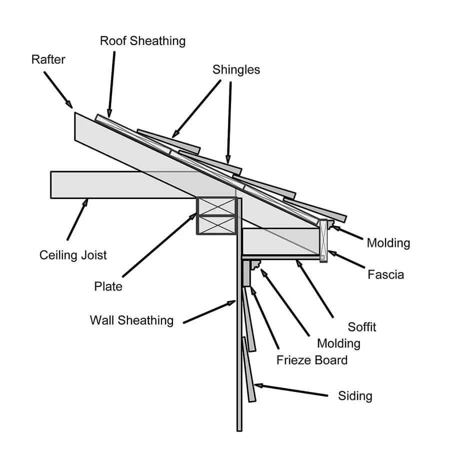 A labeled drawing of a roof edge showing the fascia, soffit, frieze board, molding and siding.