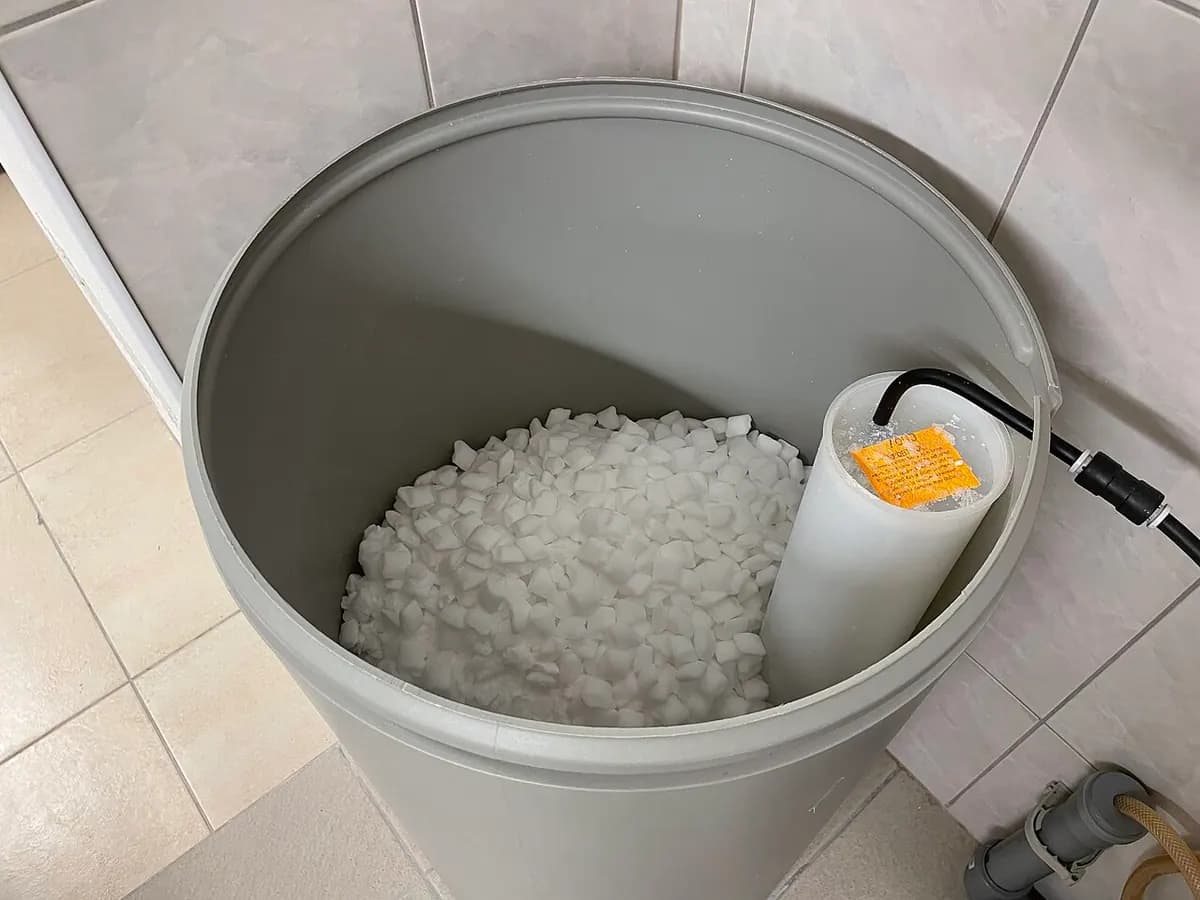 A round brine tank filled with white salt pellets, with a tube coming out of it.
