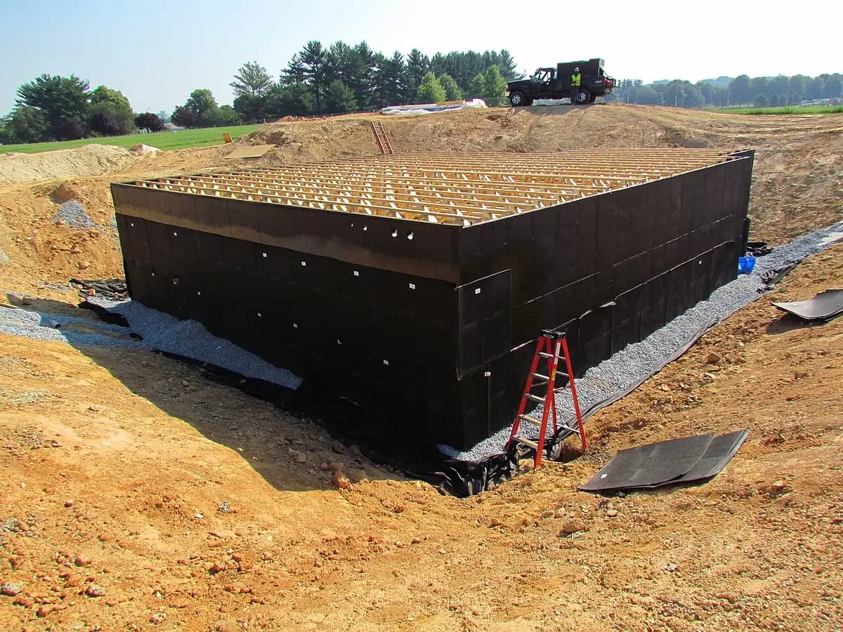 A square house foundation of concrete walls coated in black waterproofing, sitting in a cleared yard with a ladder against it.