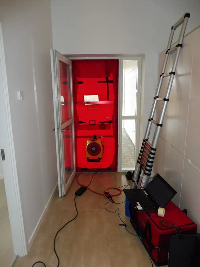 A red blower-door fan fitted into an open doorway of a house, with a ladder leaning nearby.