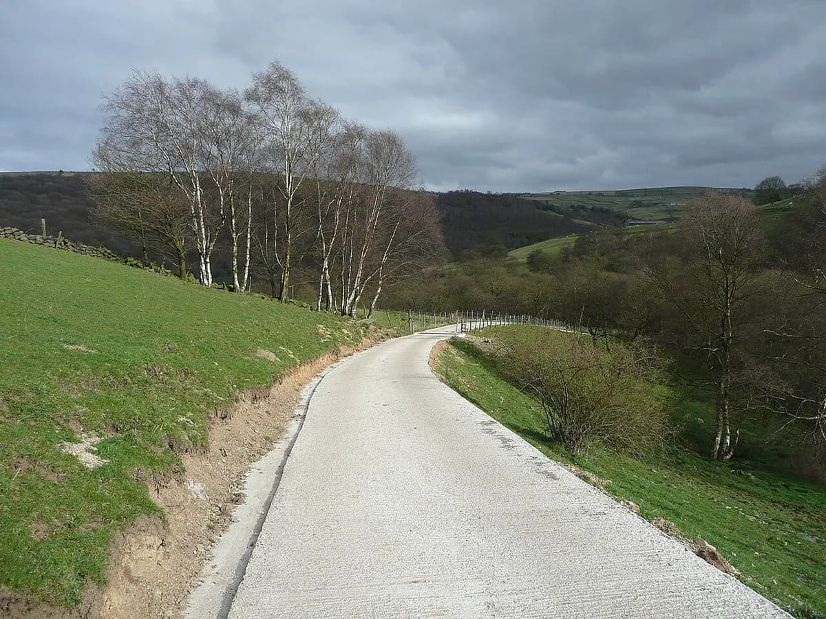 A new concrete drive curving along a grassy slope.