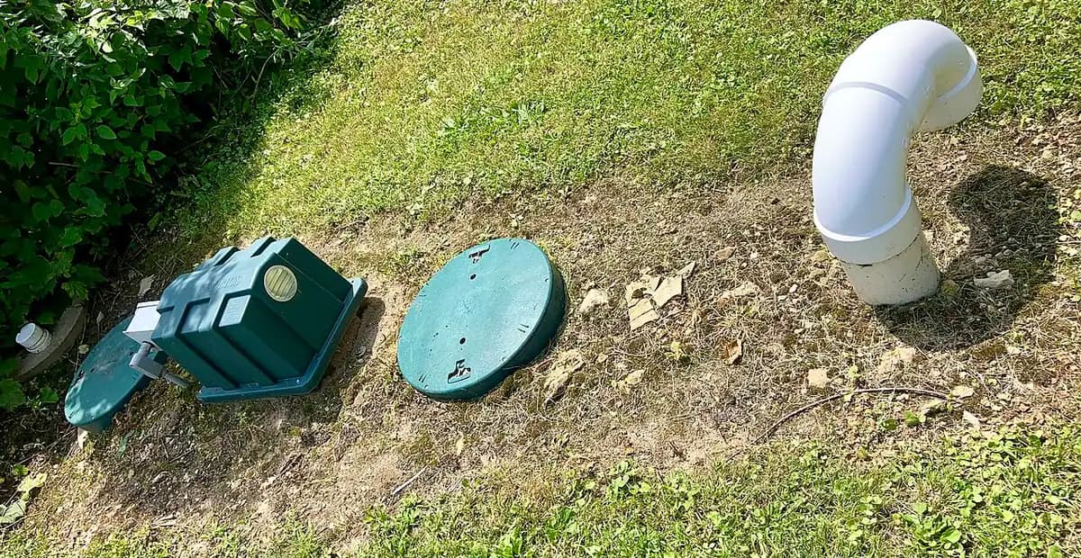 A septic tank riser lid and a white vent pipe on a lawn, with another cover lying beside them.
