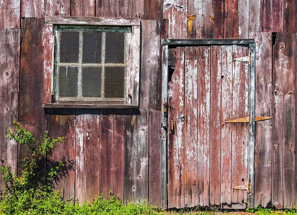 A weathered wooden window and plank door on an old barn wall with peeling red paint.